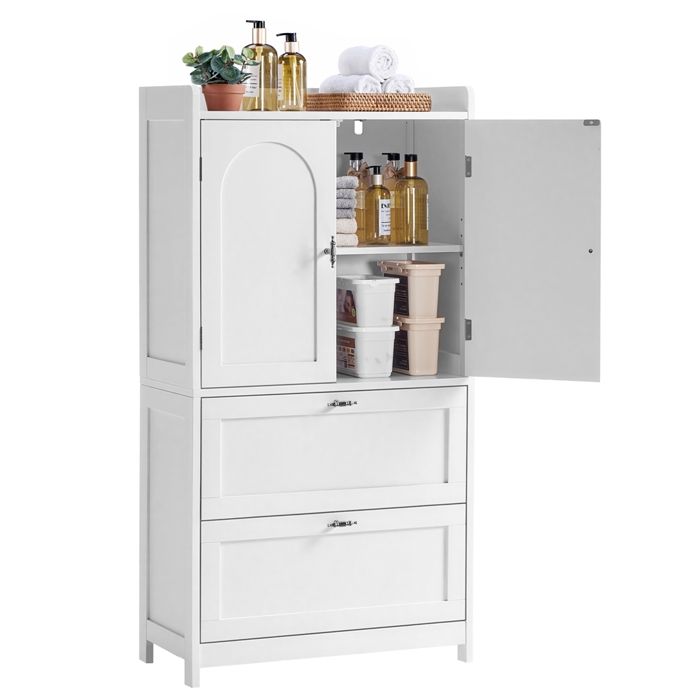 Yaheetech Meuble Salle de Bain Armoire de Rangement en Bois avec Portes Tiroirs Étagère Réglable pour Salon Cuisine Couloir Blanc