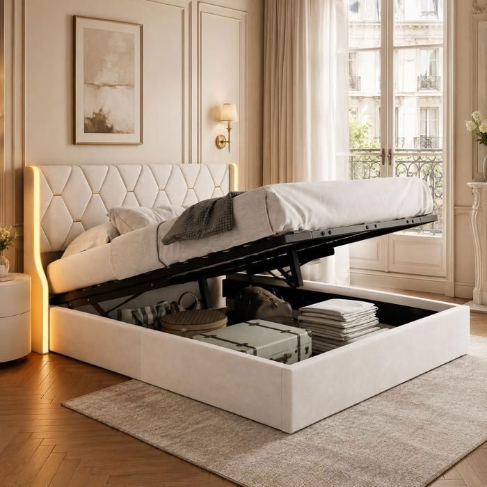 Lit coffre 160x200 velours beige - rangement hydraulique sommier lattes tête lit LED réglable design moderne