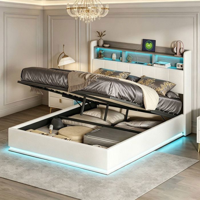 Lit coffre 160x200cm avec LED et USB lit adulte capitonné avec tête de lit coffre lit double avec sommier à lattes velours beige