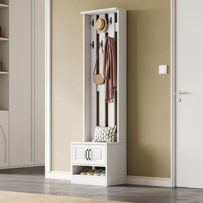 WOVREO meuble d’entrée avec banc à chaussures 2 portes et 8 crochets blanc 50 x 36 x 190 cm