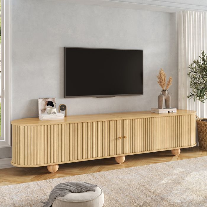Meuble TV 180 x 35 x 45 cm LEMLIT Meuble TV Bas 2 Portes Coulissantes Cannelées Style Rétro Pieds Boule MDF - Naturel