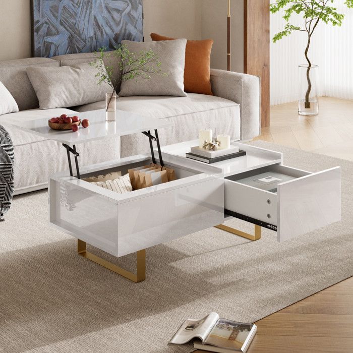 Table Basse Relevable - 100x50x54.5cm - Table de Salon en Bois MDF Laqué Moderne avec Tiroir Coffre et Pieds Dorés - Blanc
