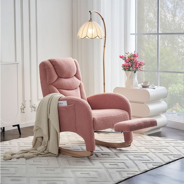Rocking-chair Fauteuil Relax - avec Accoudoirs et Repose-pieds Pliable - en Tissu Teddy Rose - 66 × 125 × 101 cm