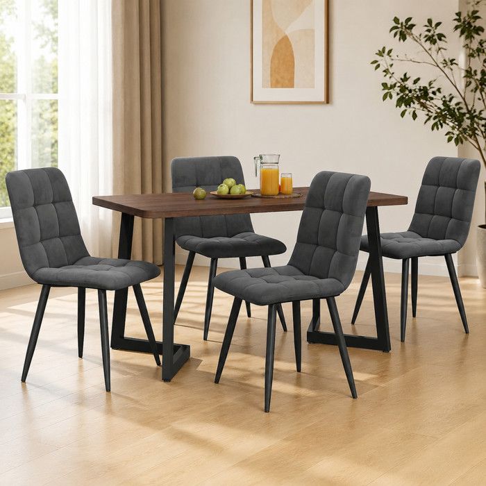 ELVORIN Ensemble salle a manger 5 pieces table 117 x 68 x 75 cm et 4 chaises en velours gris fonce