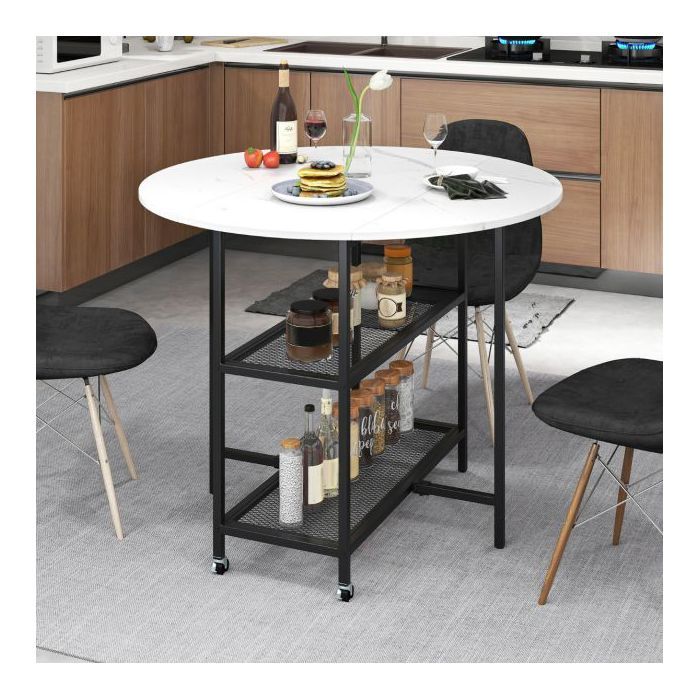 Table ronde pliante 100 cm étagères intégrées roulettes freinées design marbre blanc pour cuisine et salon