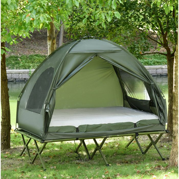 Lit de camp surélevé avec tente dôme et matelas gonflable 2 places pour camping en tissu Oxford vert 193 × 145 × 180 cm