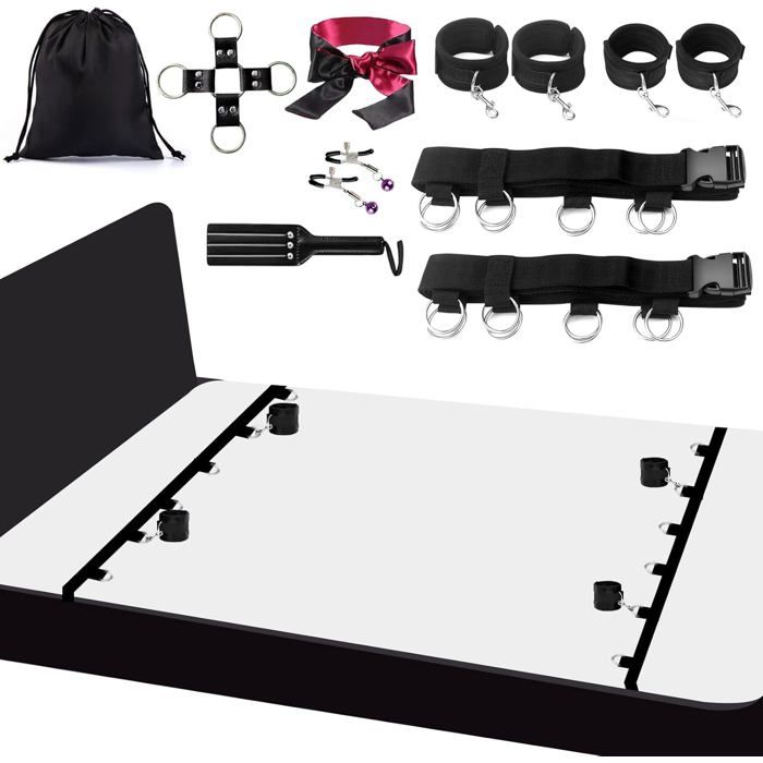 Kit de contention au lit - sangles sous matelas 4 attaches poignets - masque ceinture croisée pinces tétons nylon