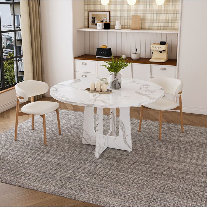ULEVR table à manger ronde 120 cm en MDF blanc décor marbre H 76 cm 4 à 6 personnes pieds réglables