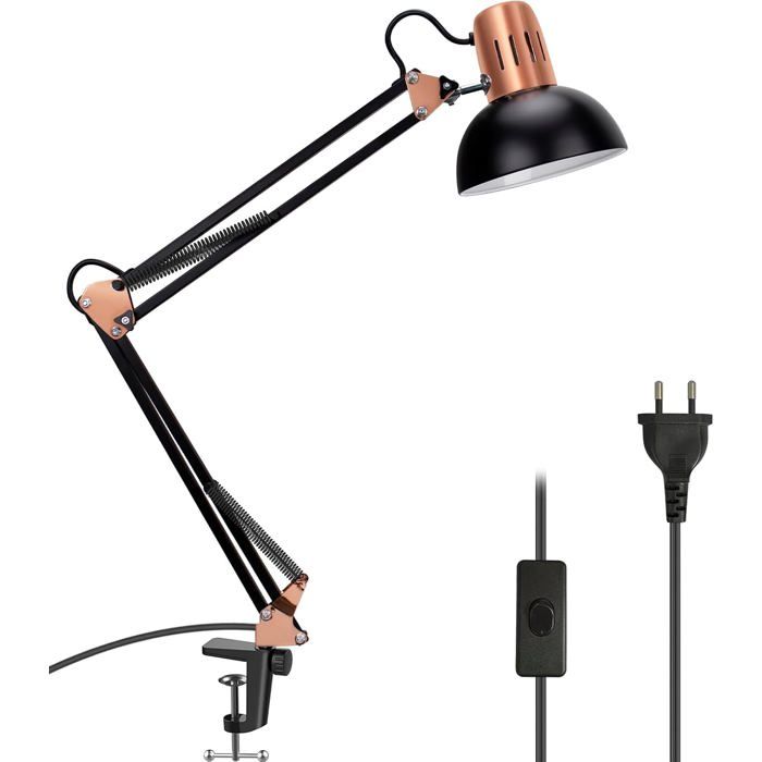 Lampe de Bureau Moderne Métal Noir et Cuivre Bras Articulé Tête Orientable Interrupteur sur Cordon 1 7m E27(Noir)