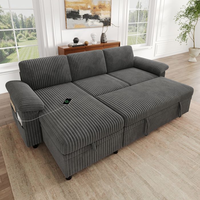 Canapé dangle modulable - ZEVKOR - 1 pièce - Velours côtelé gris - Coffre de rangement - Port USB/USB-C