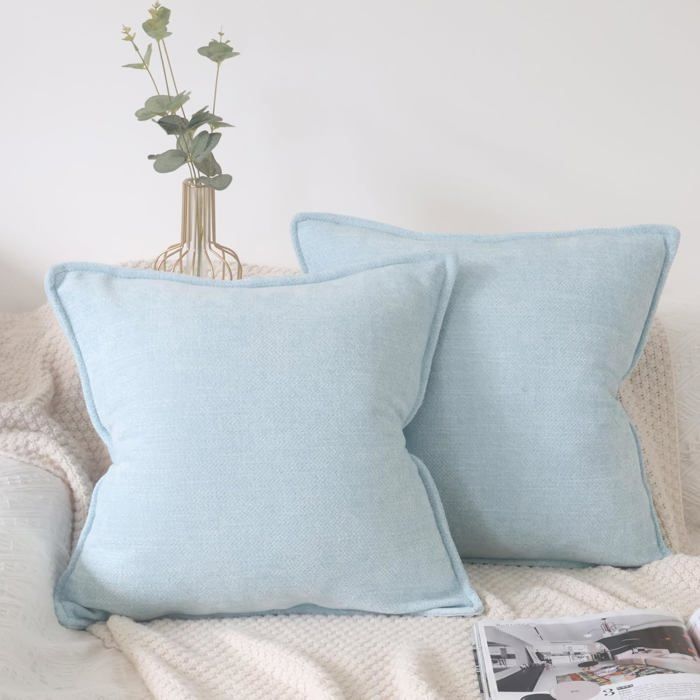 Lot de 2 housses de coussin 50x50 cm bleu clair chenille texturée carrée fermeture éclair dissimulée - lavable machine 30°C