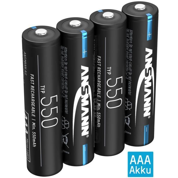 Pile ANSMANN AAA 550mAh NiMH 1.2V - rechargeable avec faible auto-décharge pour télécommande lampe de jardin etc. (4 pièces)