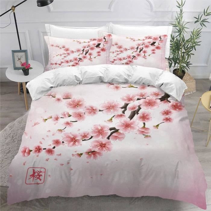 Housse De Couette 140X200 Fleurs De Cerisier Roses 3D Motif Parure De