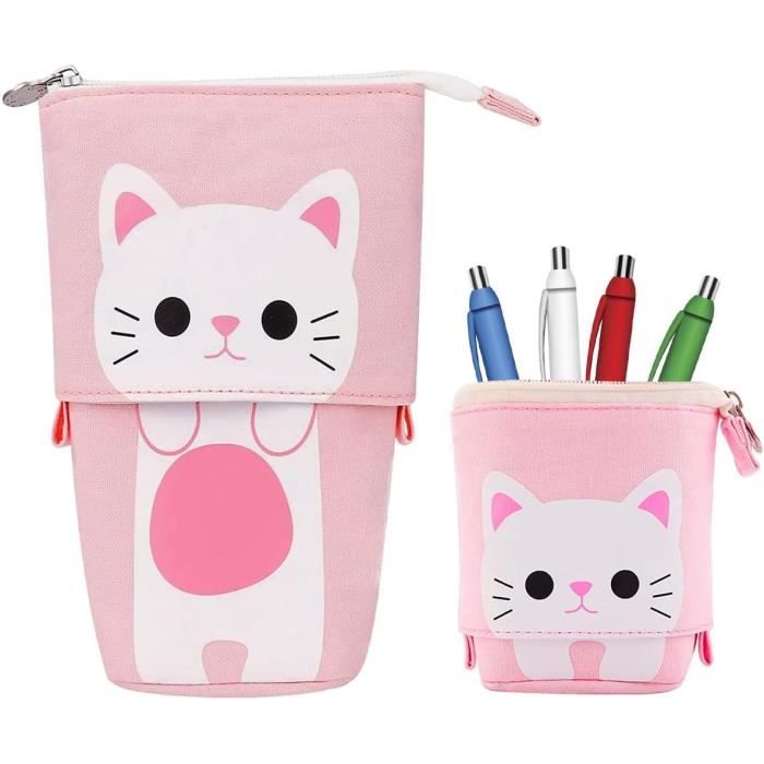 Hillylolly Trousse à Crayons Debout, étui à Crayons Rétractable, Chat Crayon, Stand up Pencil Case, Toile Crayon pour Papeterie, la Papeterie, Rose, 18.5 x 11.5 x 6 cm, Trousse à Crayons Debout