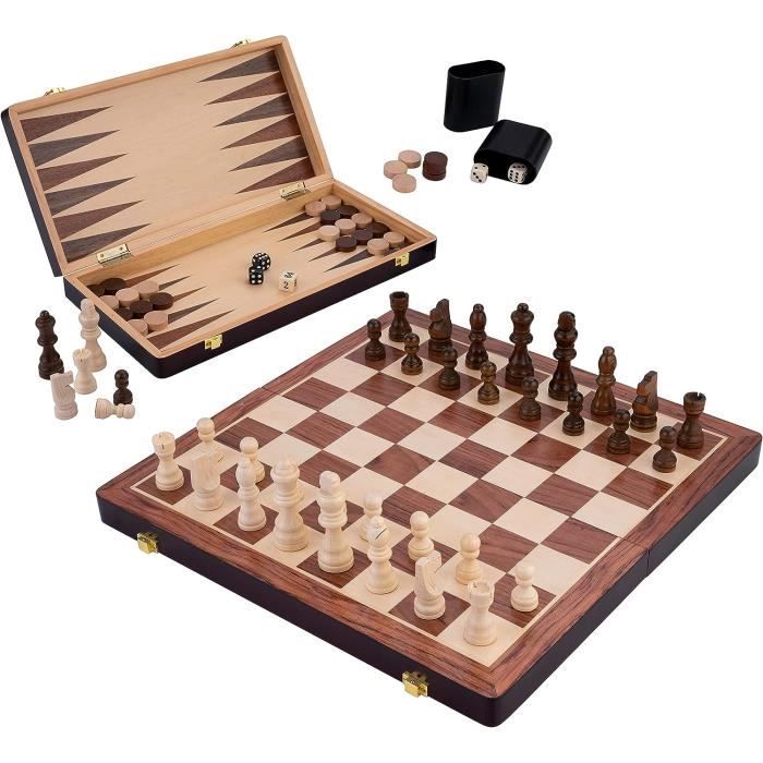 Coffret D'Échecs De Luxe En Bois Massif-Pliant-Pièces Sculptées En Bois De Frêne (38,5 Cm)-Jeu
