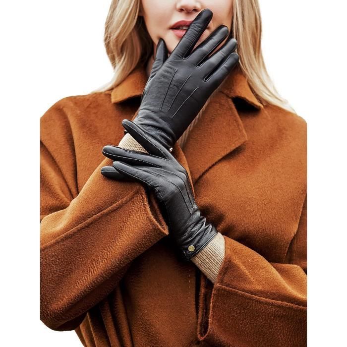 Gants Cuir Femme Hiver Chaud Gant Tactile Chauffant Double Avec Bouton Peau De Mouton En Laine Veritable De Conduite Sexy Ca u575 Noir Cdiscount Pret a Porter