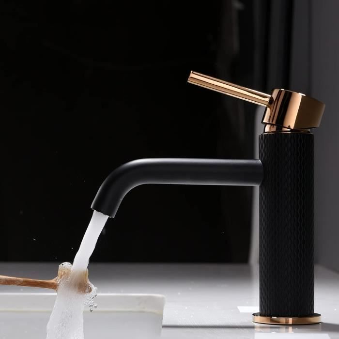 Robinet Mitigeur De Salle De Bain Noir Avec Finition Dorée - À Levier Unique, En Laiton, Pour Lavabo De Comptoir - Design Creux Et Moderne - 6