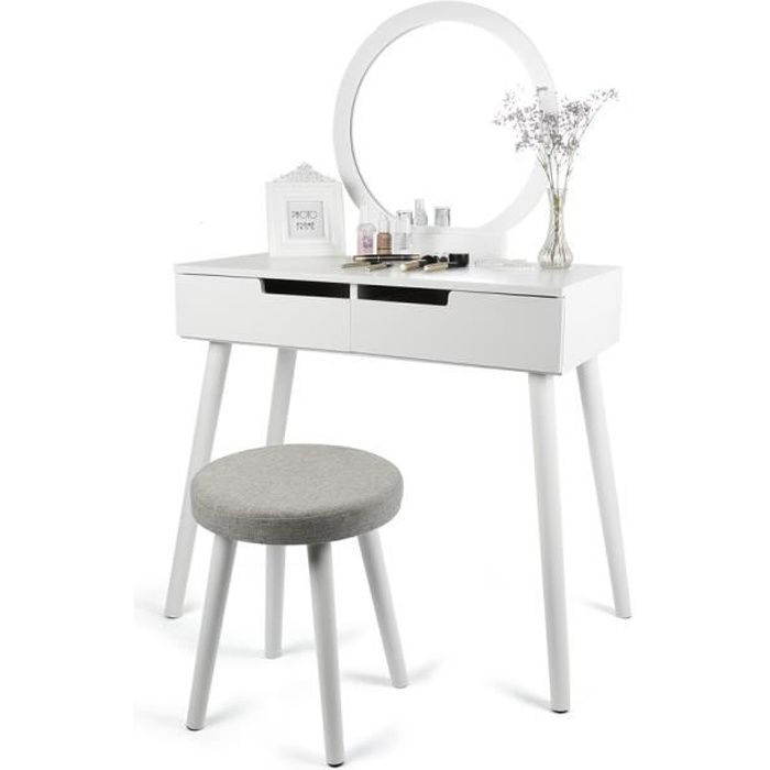 Coiffeuse Table Maquillage 80 40 128cm Miroir Rond 2 Tiroir Avec