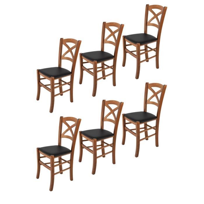 Tommychairs - Set 6 chaises cuisine CROSS structure en bois de hêtre peindré en couleur noyer clair assise en cuir artificiel noir
