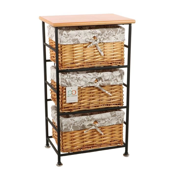 Meuble de rangement chiffonnier 3 paniers en Métal et Osier BOIS