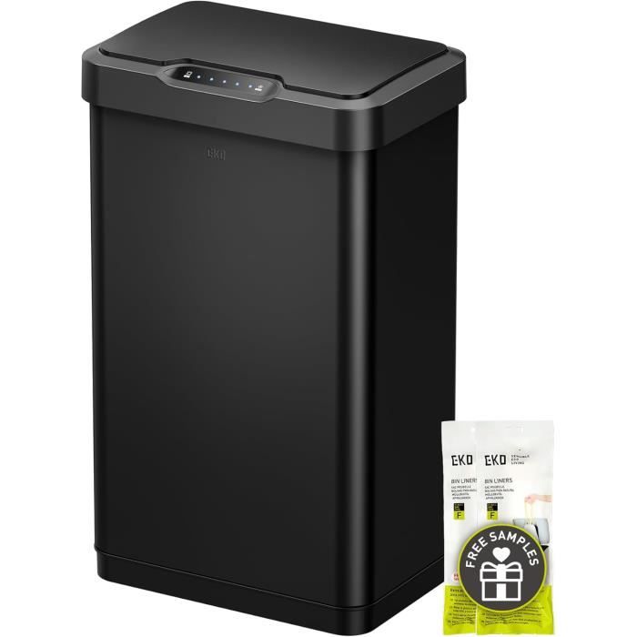 EKO Mirage-T Poubelle rectangulaire sans contact avec détecteur de mouvement finition en acier inoxydable brossé noir mat 50L