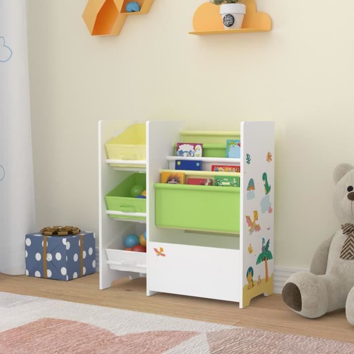 Étagère de rangement Vimianzo pour enfant avec 3 bacs ouverts blanc vert jaune Étagère de rangement Vimianzo pour enfant avec 3 bacs ouverts blanc vert jaune