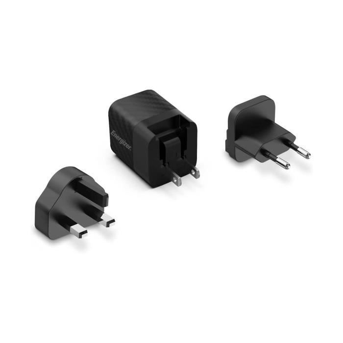Chargeur Rapide USB-C 20W - Energizer - 3 Prises Incluses - Noir - Power Delivery - Quick Charge