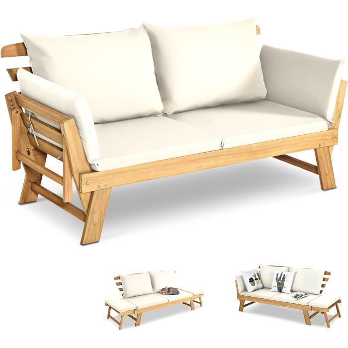 GOPLUS Canapé de Jardin Extensible 2 Places Charge 320 KG-Design 3 en 1 en Bois dAcacia Certifié FSC avec Coussins AmoviblesBeige