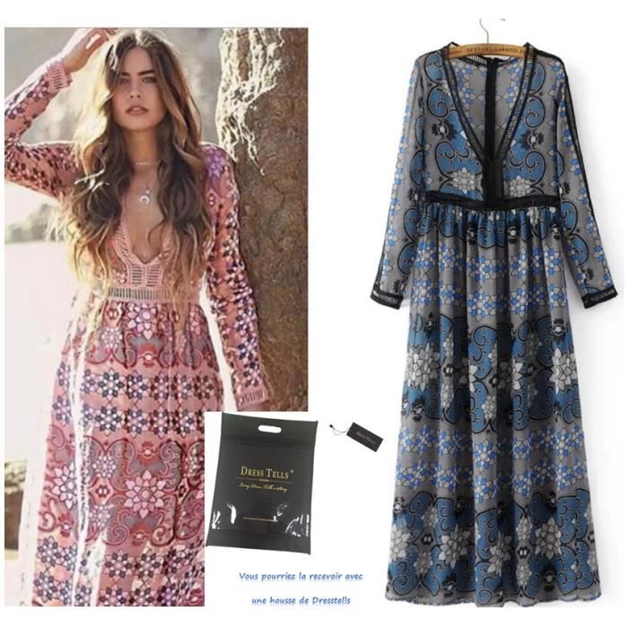 Dresstells Robe Plage Longue Femme Sexy Col V Manche Longue Robes