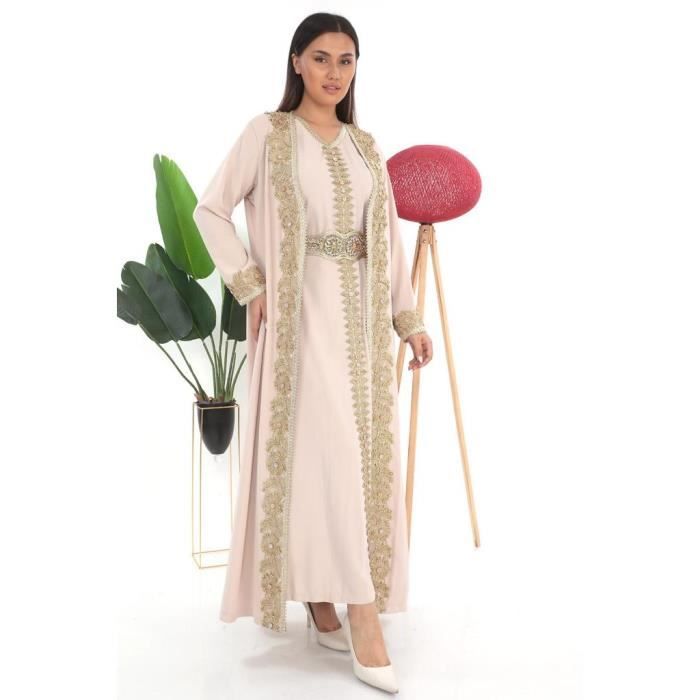 Caftan Beige blanc dore Chic luxe grande Taille brode perle kaftan