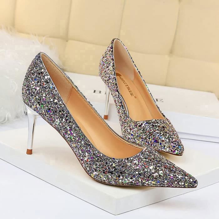 Escarpins Femme Talon Hauts 7cm Paillettes Stiletto Bout Pointu