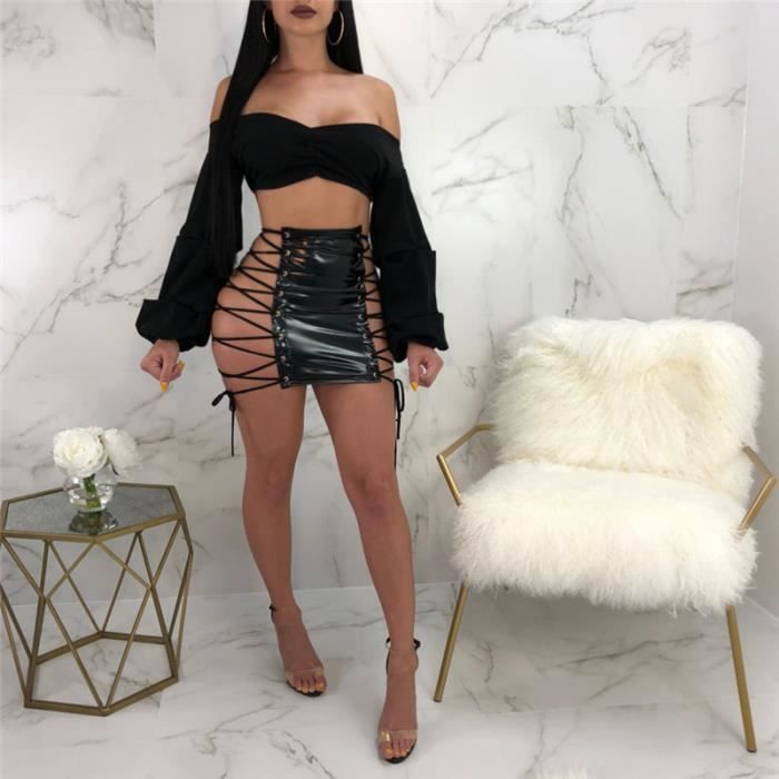 Mini jupe en cuir pu pour femmes sexy FRZABl Black Cdiscount