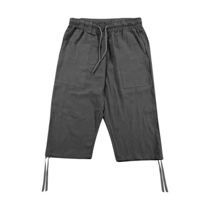 Pantalon Court Homme En Lin - Style 3/4 Cargo Baggy - Taille Réglable Par Cordon - Pour L'été