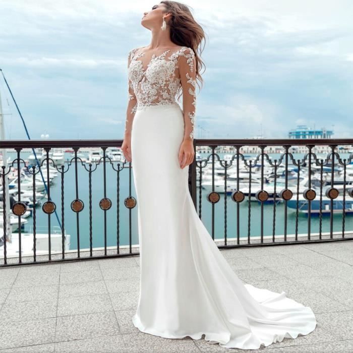 Robe de Marie Sirne Style Boho Manches sulf Encolure Transparente lvent en Satin Dos Trane de Balayage Blanc Cdiscount Pret a Porter