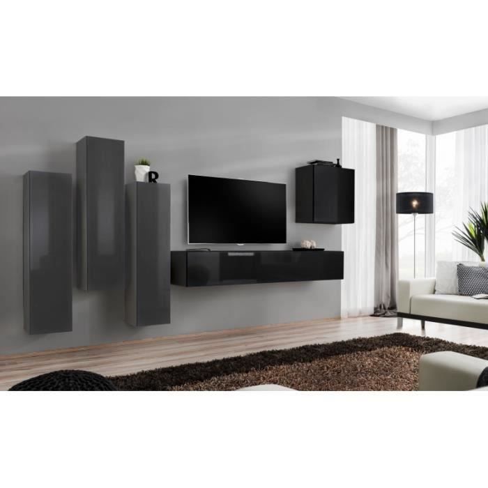 meuble tv mural switch iii - price factory - noir et gris brillant - 5 portes - 330x160x40 cm