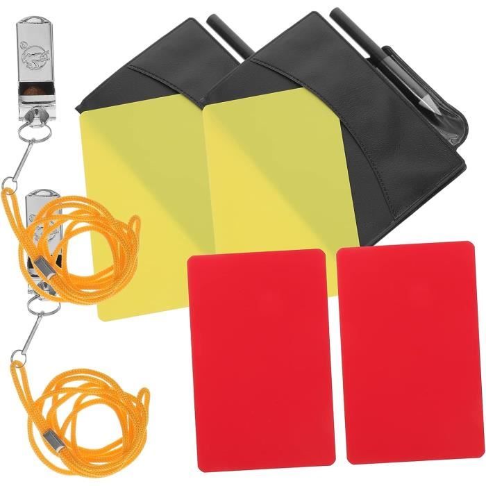 Kit Arbitre Football – 2 Cartons Rouge/jaune + 2 Sifflets Métal + 2 Carnets – PVC, PU, Inox