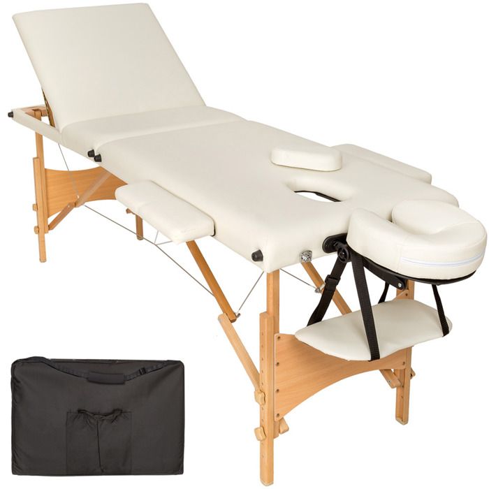 TECTAKE Table de Massage Pliante en Bois Portable 3 Zones 210 cm x 95 cm x 84 cm Beige + Housse de Transport