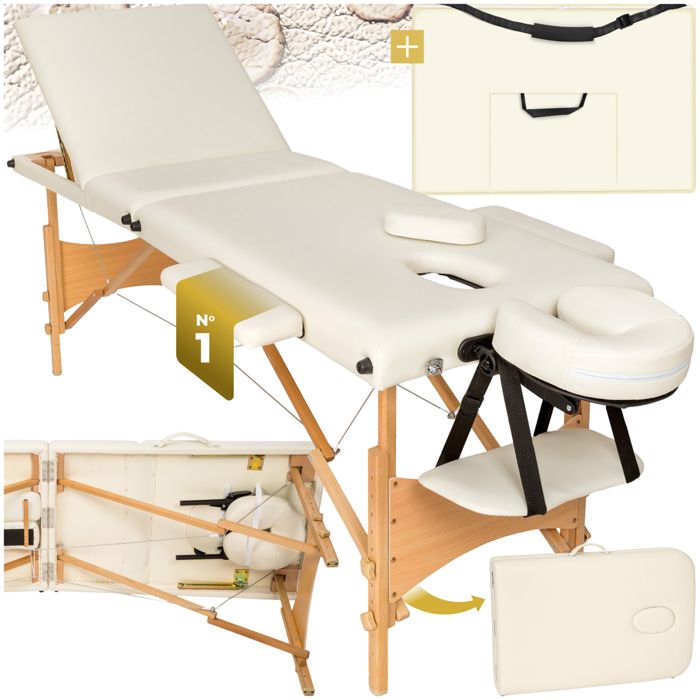 TECTAKE Table de Massage Pliante en Bois Portable 3 Zones 210 cm x 95 cm x 84 cm Beige + Housse de Transport
