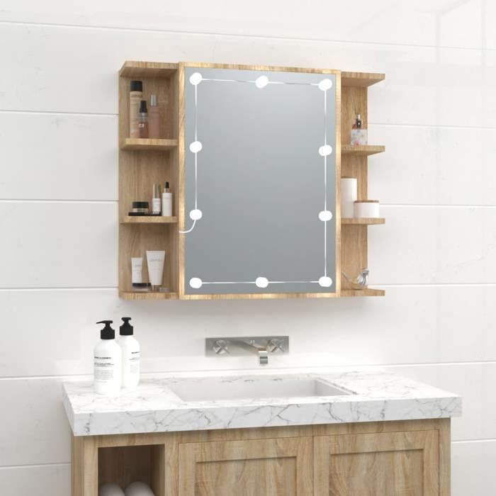 vidaXL Armoire à Miroir avec LED Armoire Murale Armoire de Salle de Bain Meuble de Rangement Armoire de Rangement Chêne 808876