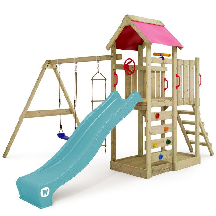 WICKEY FreshFlyer Aire de jeux Portique de jeux en bois avec balan/çoire et toboggan