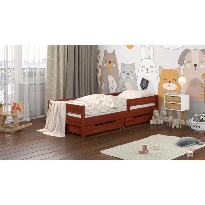 wnm group lit enfant miki - structure de lit pour chambre enfant en bois massif - lit avec 2 tiroirs - 200x90 cm - palissandre