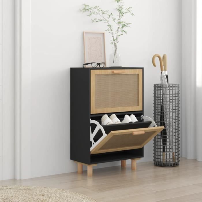 Petit Meuble à Chaussures Noir 2 Portes 1 Tiroir Pour Meuble Entrée