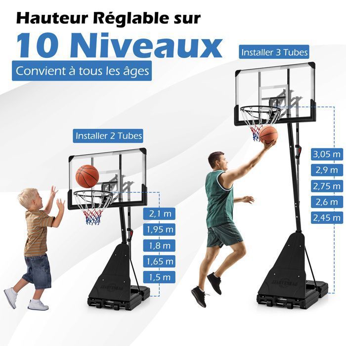 Panier de Basket-Ball sur pied hauteur réglable 1,55 - 2,1 m rouge noir - Panier de basket