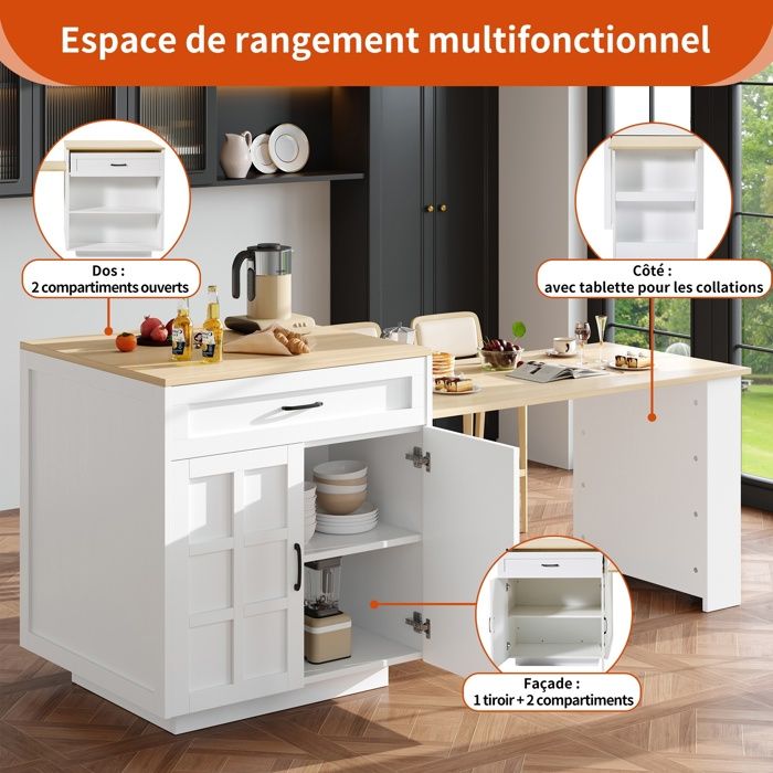 Table De Bar Extensible 133-202 Cm Avec Rangement - 2 Tiroirs, 4 Compartiments, Idéale Cuisine/salon, Supporte 60 Kg - 9