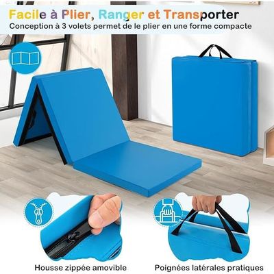 Tapis De Gymnastique COSTWAY 240x116x5cm - Pliable 4 Plis - Antidérapant Bleu - Yoga Fitness