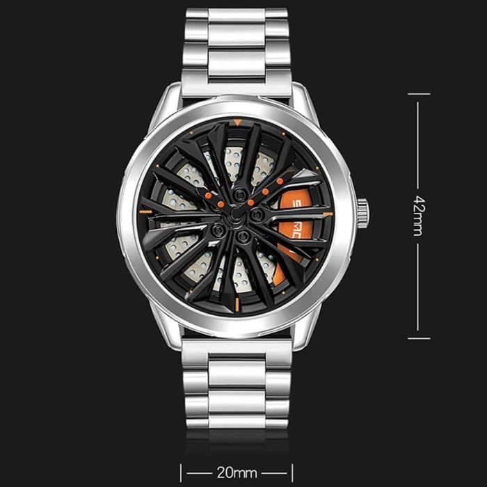 Montre créative, pour homme, cadran de moyeu de roue de voiture, montre de sport étanche, design personnalisé, 3D, roue de voiture, montre à quartz, en acier avec pointeur rouge Montre créative, pour homme, cadran de moyeu de roue de voiture, montre de sport étanche, design personnalisé, 3D, roue de voiture, montre à quartz, en acier avec pointeur rouge