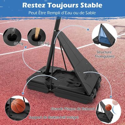 Panier Basket COSTWAY Hauteur Réglable 143-305cm - Pieds Avec Roues Pour Intérieur/Extérieur