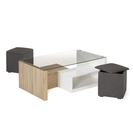 Vivo Table Basse Avec 2 Niches De Rangement Et 2 Poufs Coffre