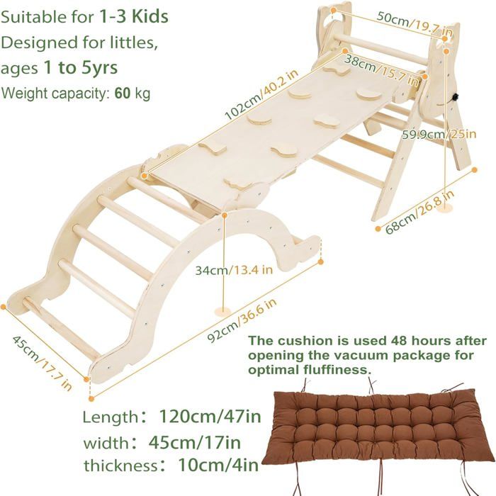 Arche D'escalade Montessori 2-en-1 - Bois Naturel - Avec Coussin - Antidérapant - 110 Kg Max - 1-6 Ans