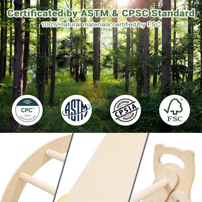 Arche Escalade Montessori – Ensemble Triangle + Toboggan + échelle + Coussin – Bois Hêtre FSC – Dès 1 An